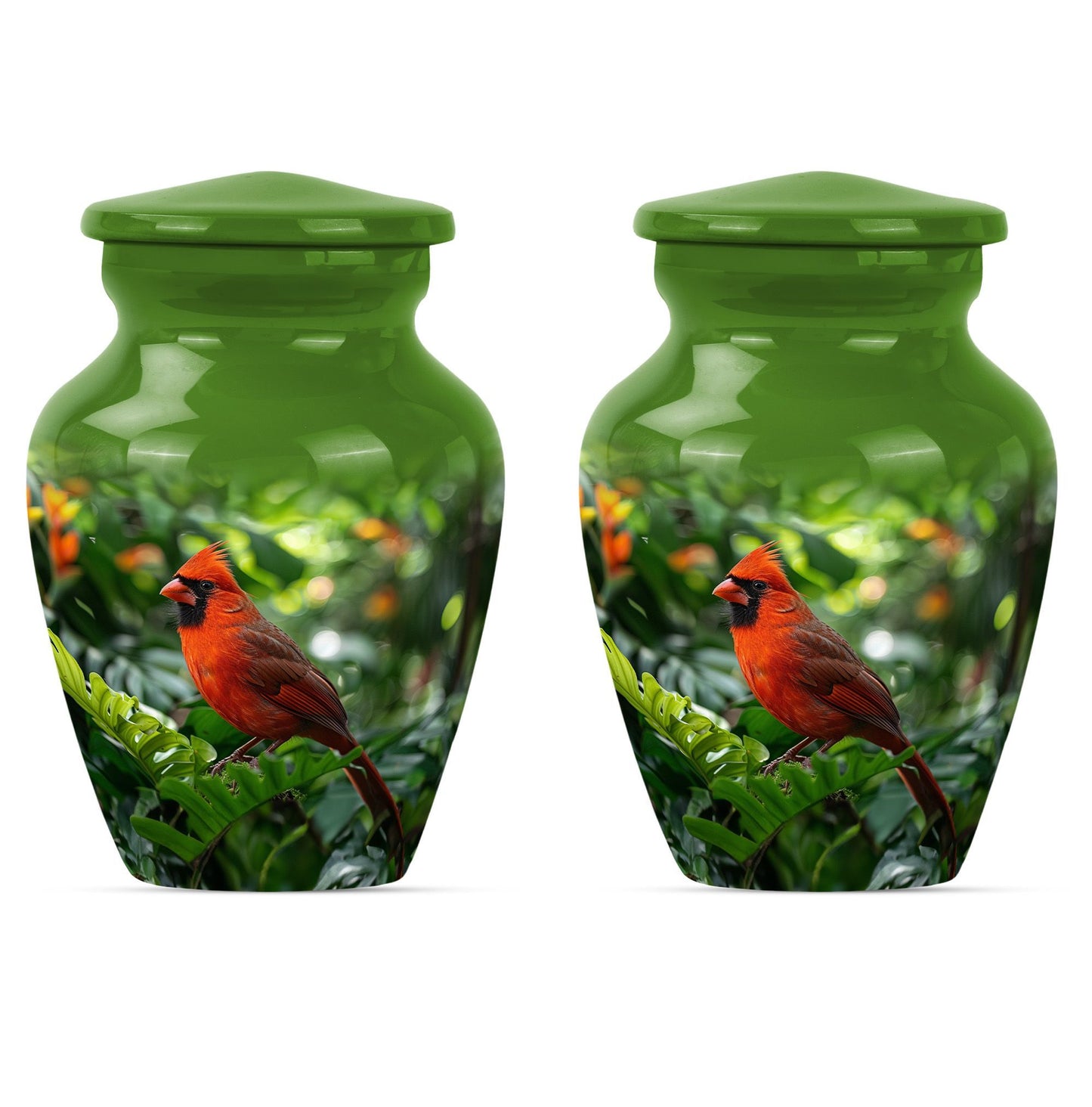 Cardinal bird urn with wolf howling 