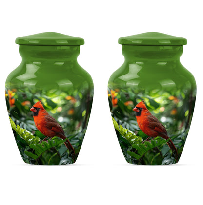 Cardinal bird urn with wolf howling 
