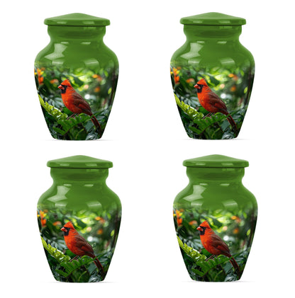Cardinal bird urn with wolf howling 