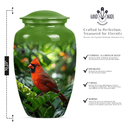 Cardinal bird urn with wolf howling 