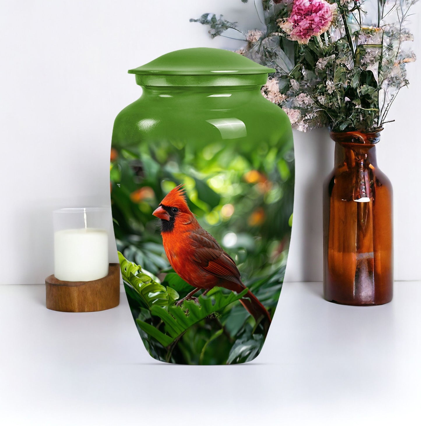 Cardinal bird urn with wolf howling 