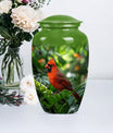 Cardinal bird urn with wolf howling 