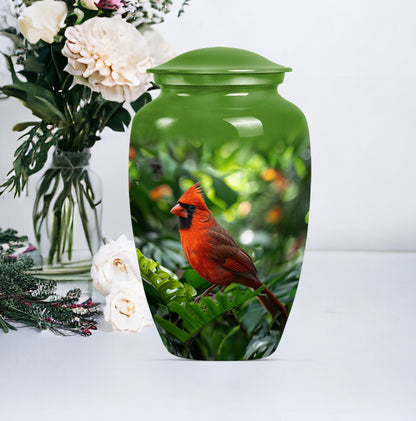 Cardinal bird urn with wolf howling 