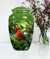 Cardinal bird urn with wolf howling 