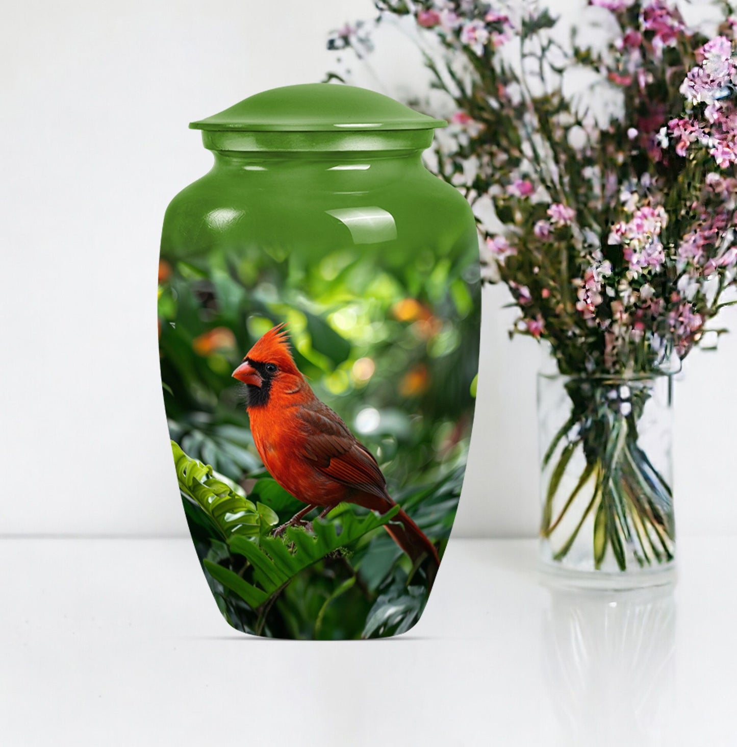 Cardinal bird urn with wolf howling 