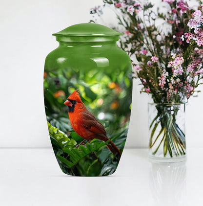 Cardinal bird urn with wolf howling 