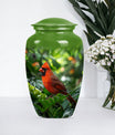Cardinal bird urn with wolf howling 