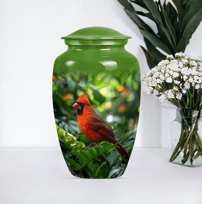 Cardinal bird urn with wolf howling 