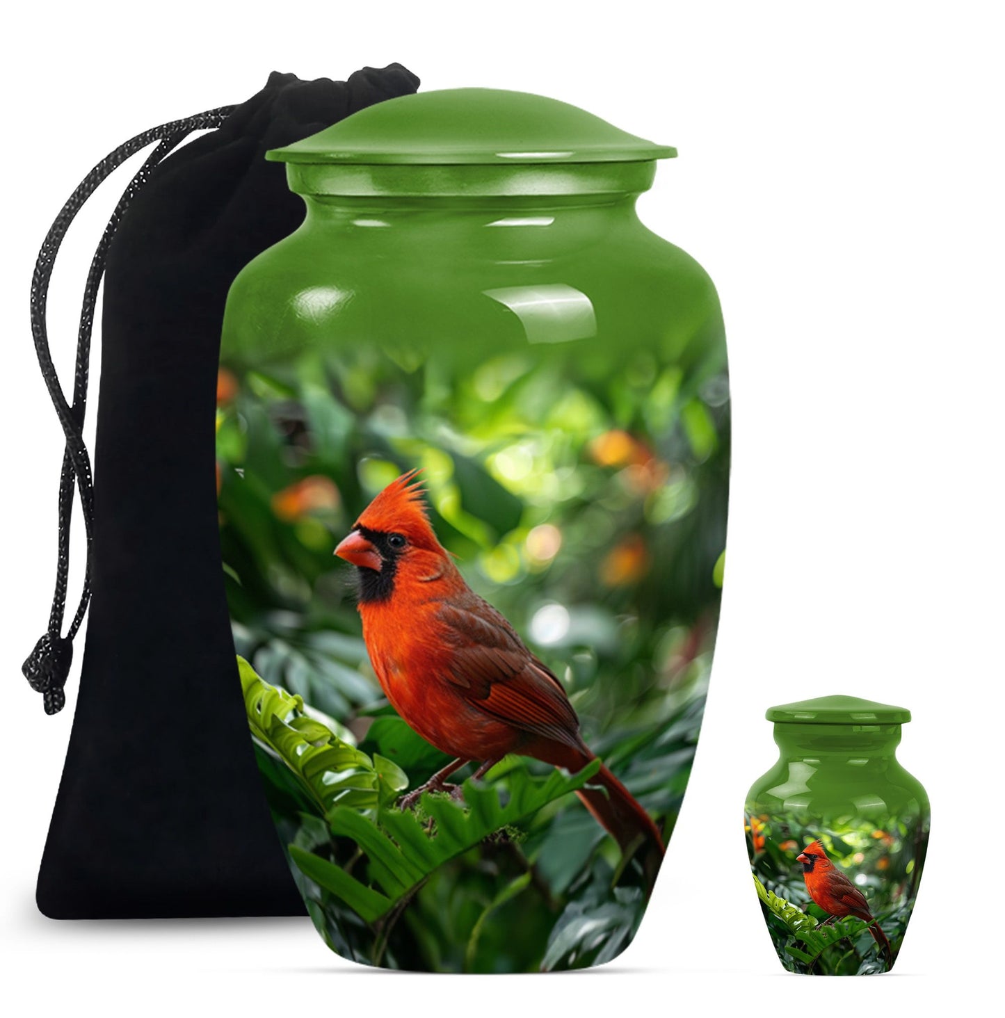 Cardinal bird urn with wolf howling 