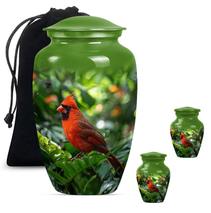 Cardinal bird urn with wolf howling 