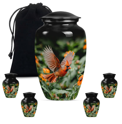 Cardinal Bird Theme Large Urn With 4 Keepsake Urn