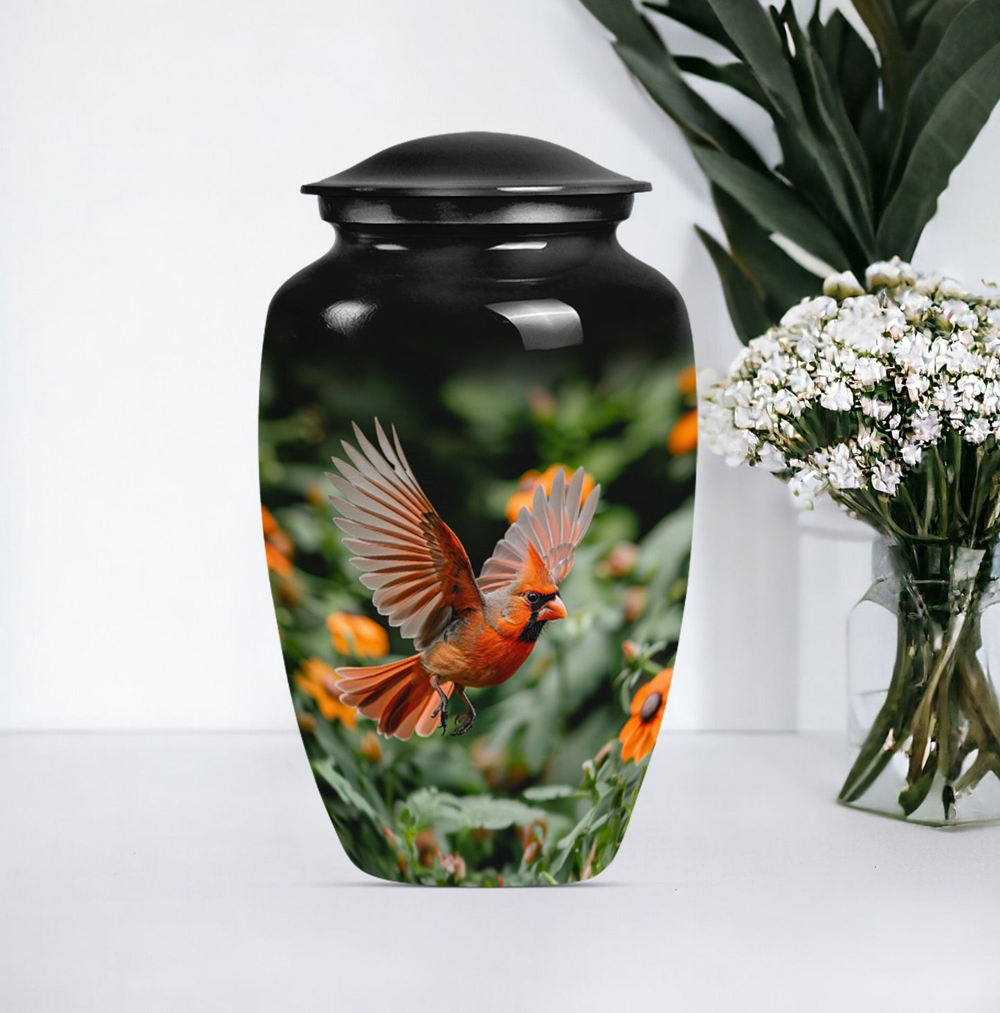 Classic 10-inch aluminium Cardinal bird Urn.