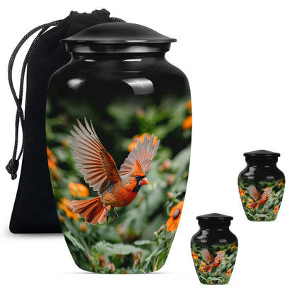 Cardinal Bird Theme Large Urn With 2 Keepsake Urn