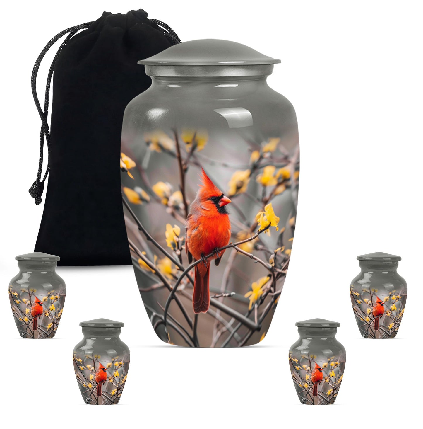 Cardinal bird urn with Wolf Howling 