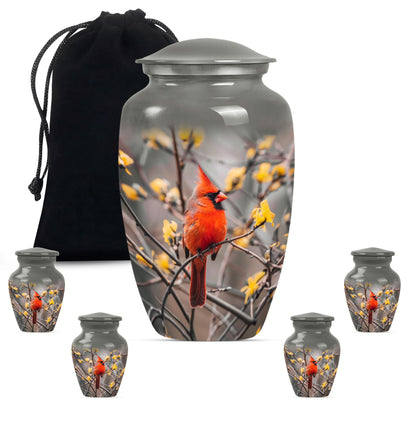 Cardinal Bird Theme Large Urn With 4 Keepsake Urn