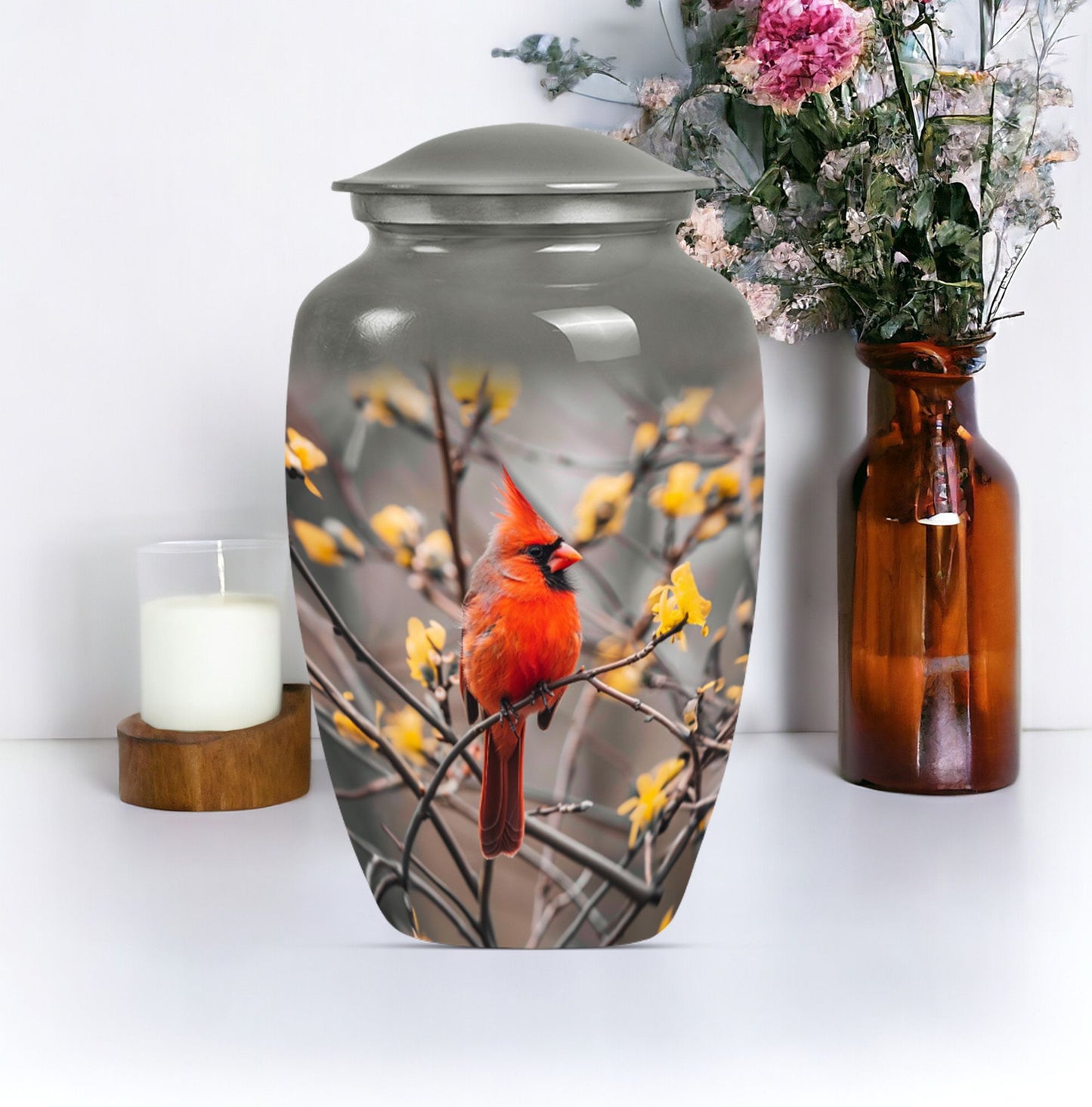 Cardinal bird urn with Wolf Howling 