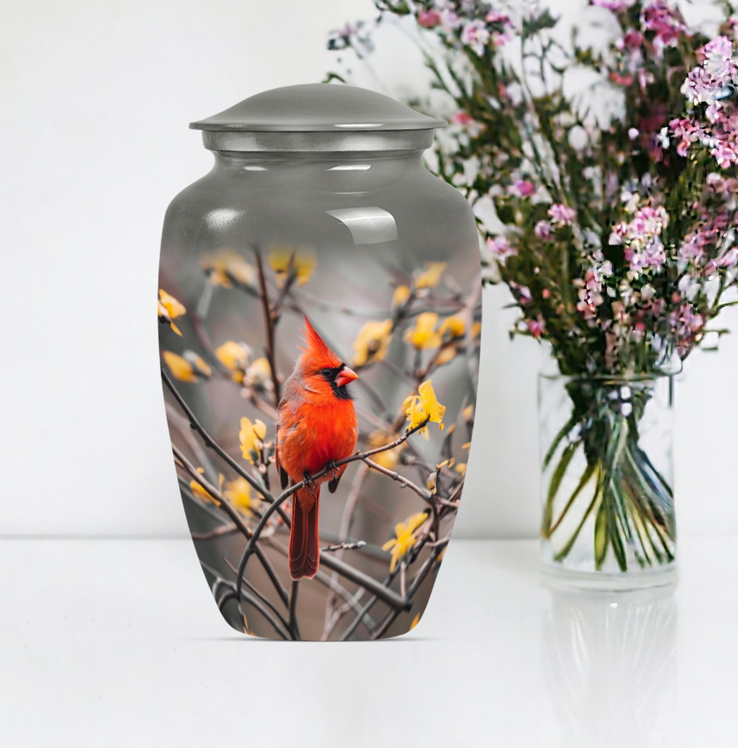 Cardinal bird urn with Wolf Howling 