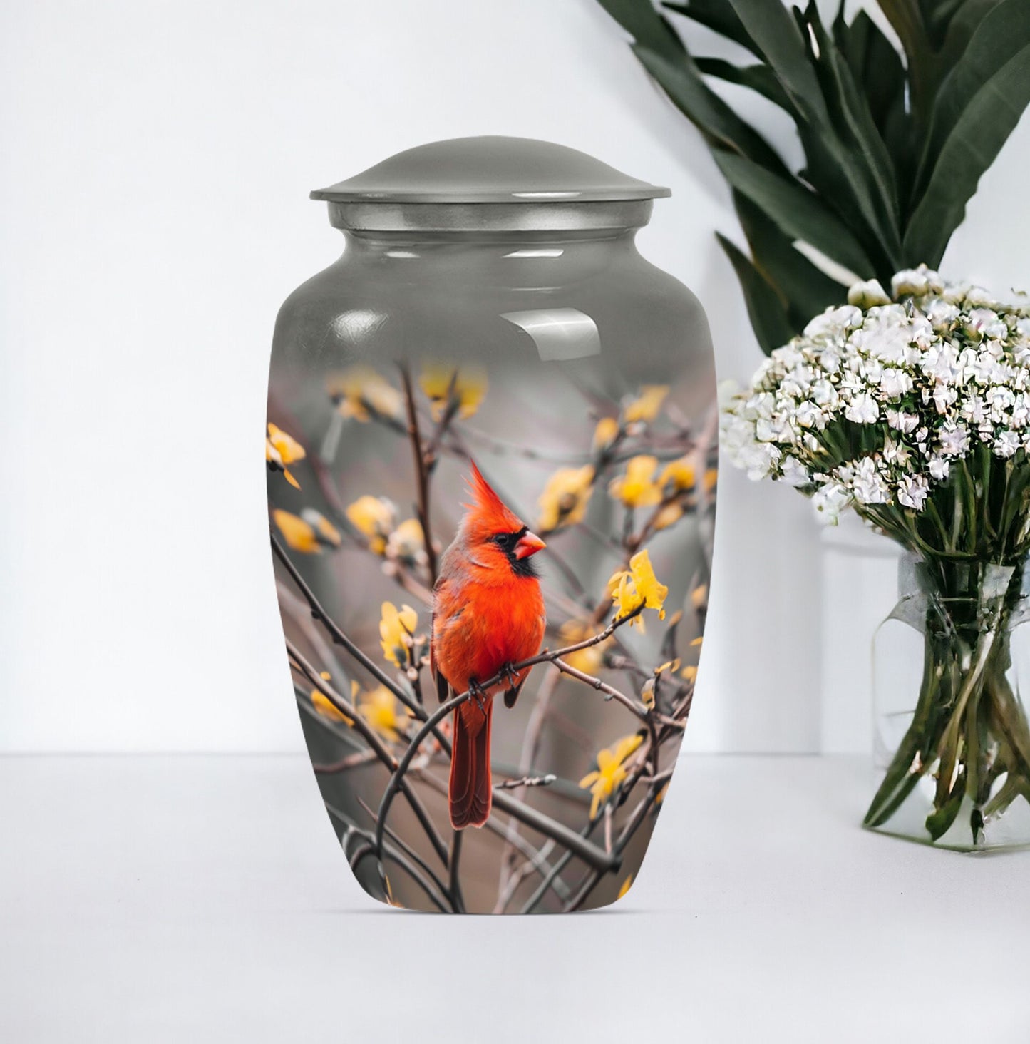 Cardinal bird urn with Wolf Howling 