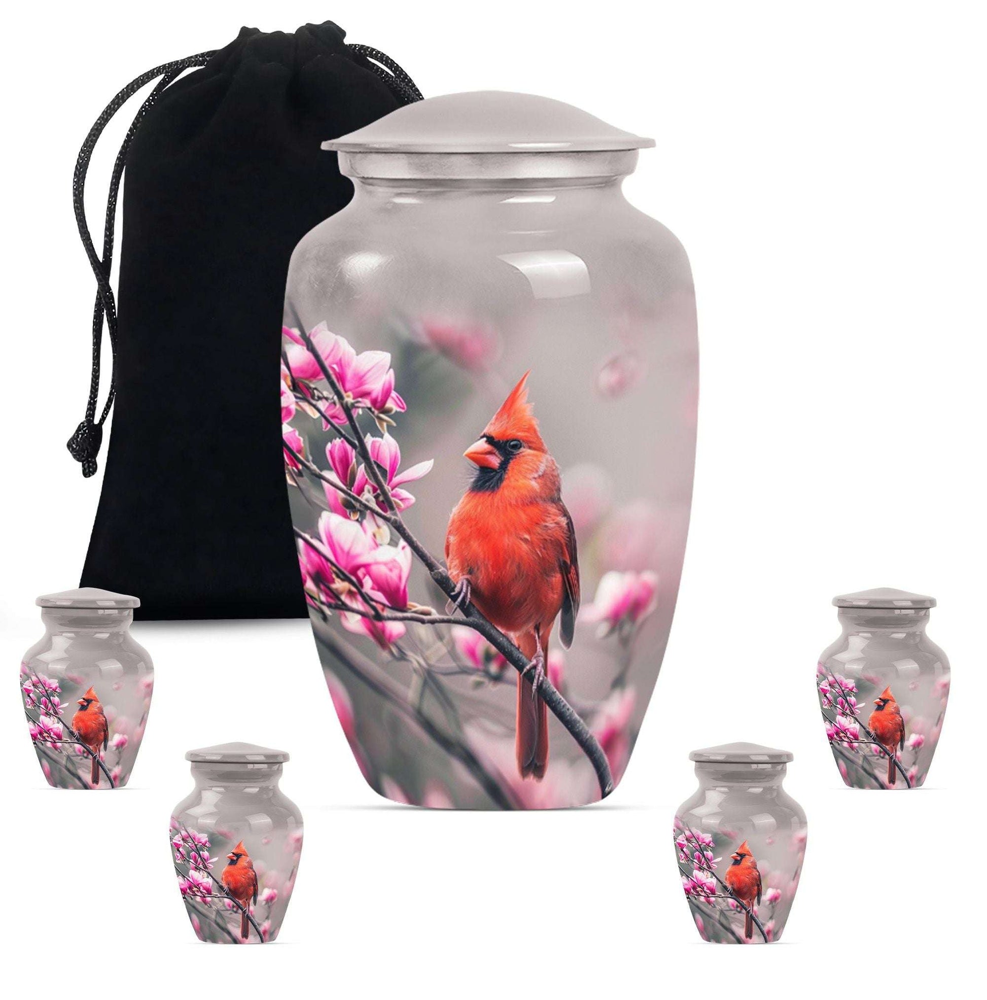 Cardinal Bird Theme Large Urn With 4 Keepsake Urn