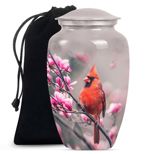 Classic cardinal bird urn with personalized engraving.