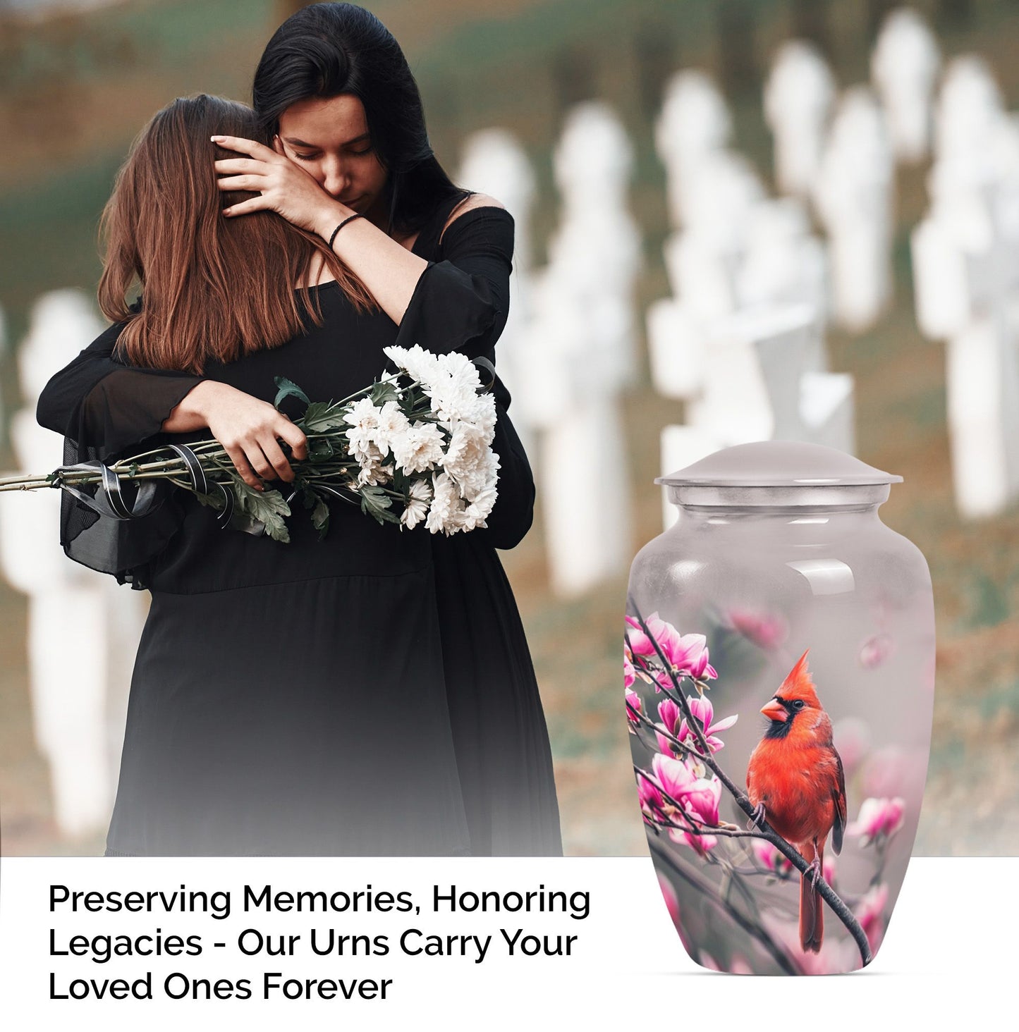 Classic cardinal bird urn with personalized engraving.