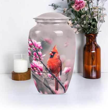 Classic cardinal bird urn with personalized engraving.