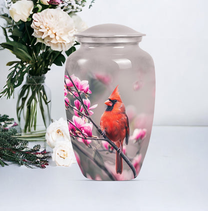 Classic cardinal bird urn with personalized engraving.