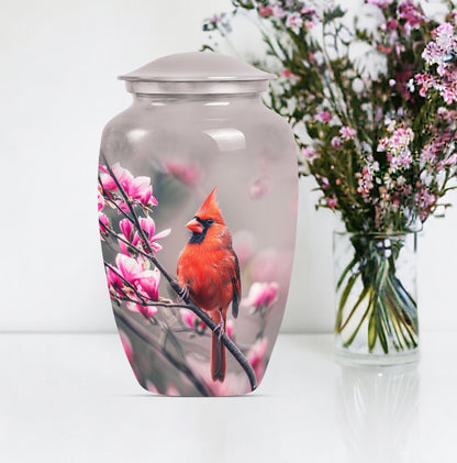 Classic cardinal bird urn with personalized engraving.