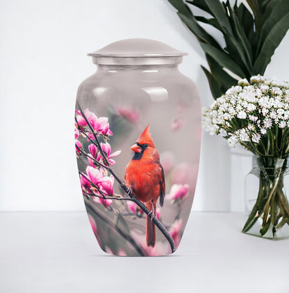 Classic cardinal bird urn with personalized engraving.