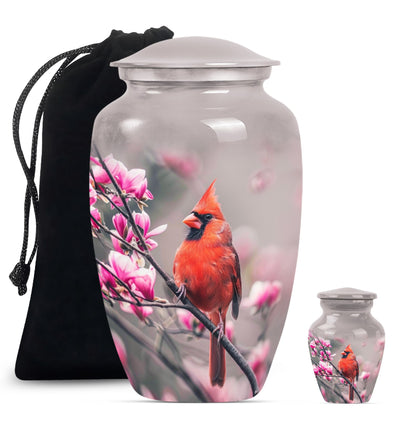 Classic cardinal bird urn with personalized engraving.