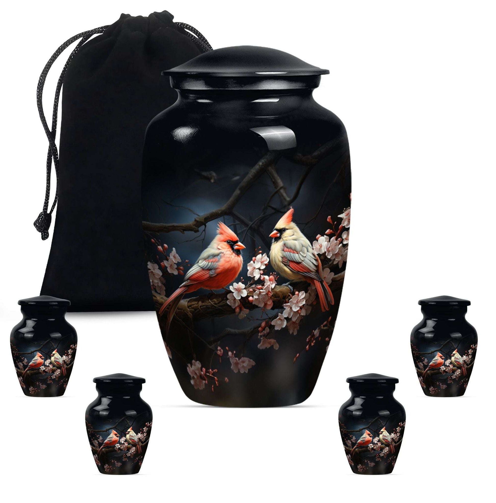 Cardinal Bird Theme Large Urn With 4 Keepsake Urn
