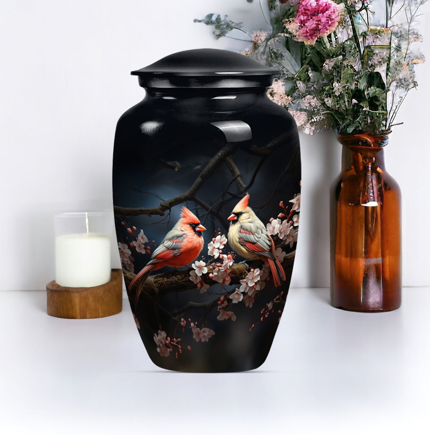 Classic cardinal bird urn.