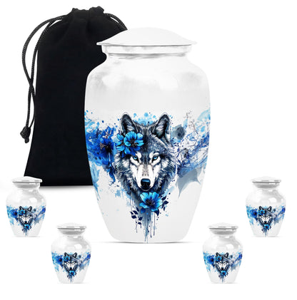 Wolf Theme Large Urn With 4 Keepsake Urn