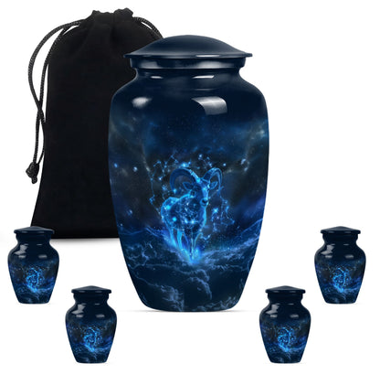 classic goat urn with wolf howling design.