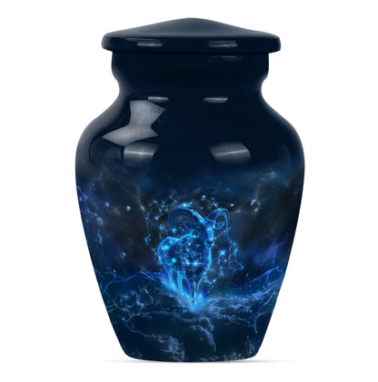 classic goat urn with wolf howling design.