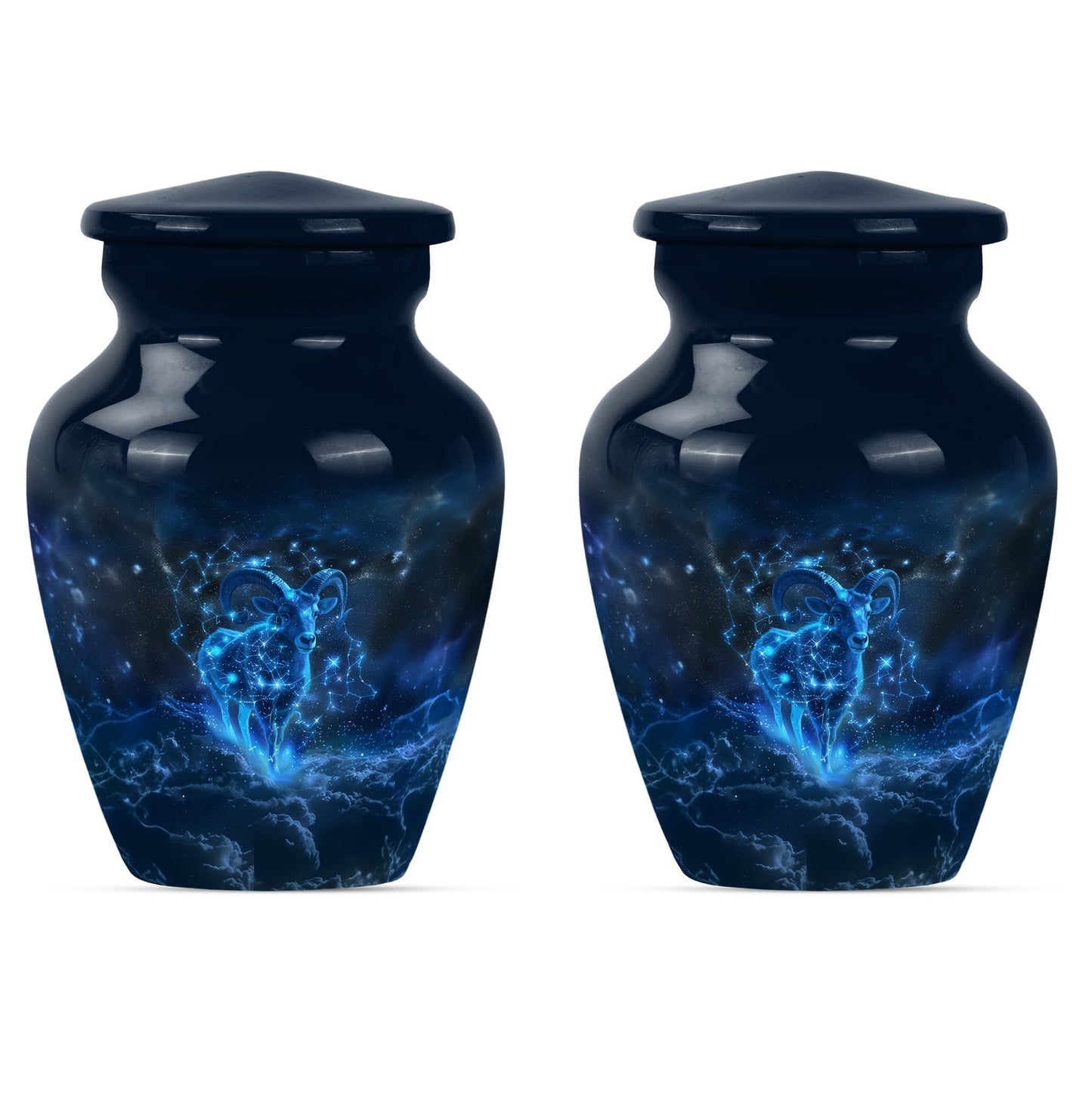 classic goat urn with wolf howling design.