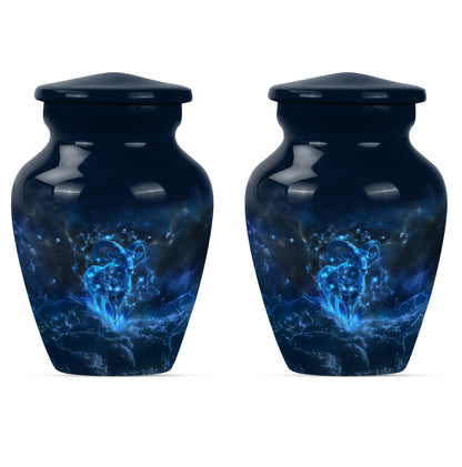 classic goat urn with wolf howling design.