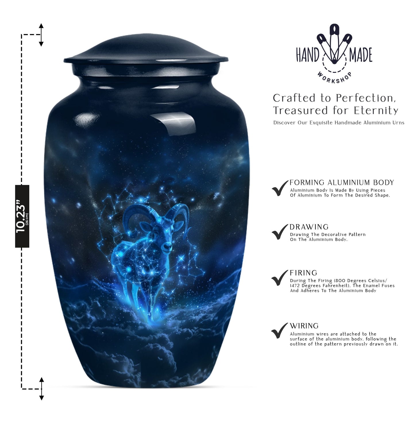 classic goat urn with wolf howling design.