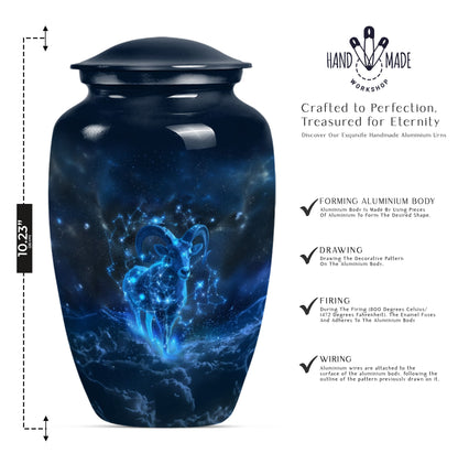 classic goat urn with wolf howling design.