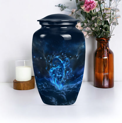 classic goat urn with wolf howling design.