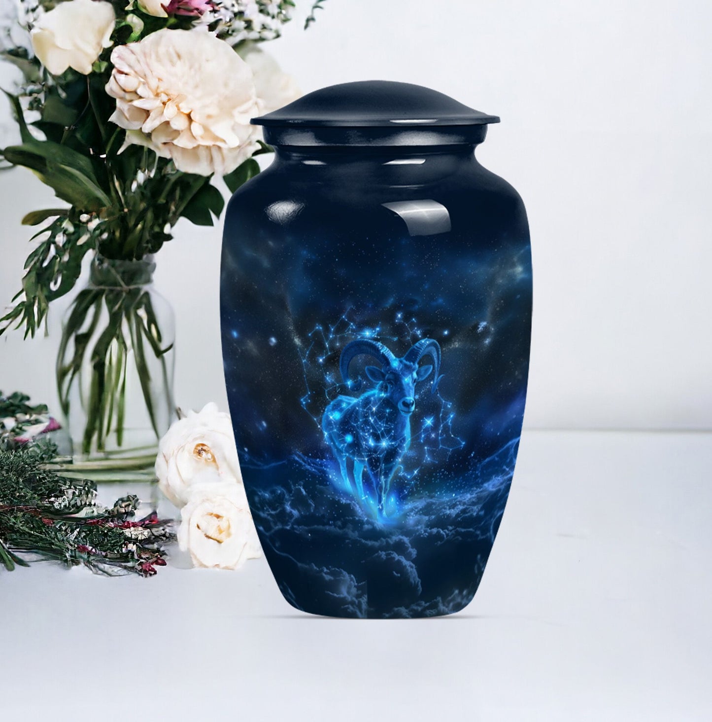 classic goat urn with wolf howling design.
