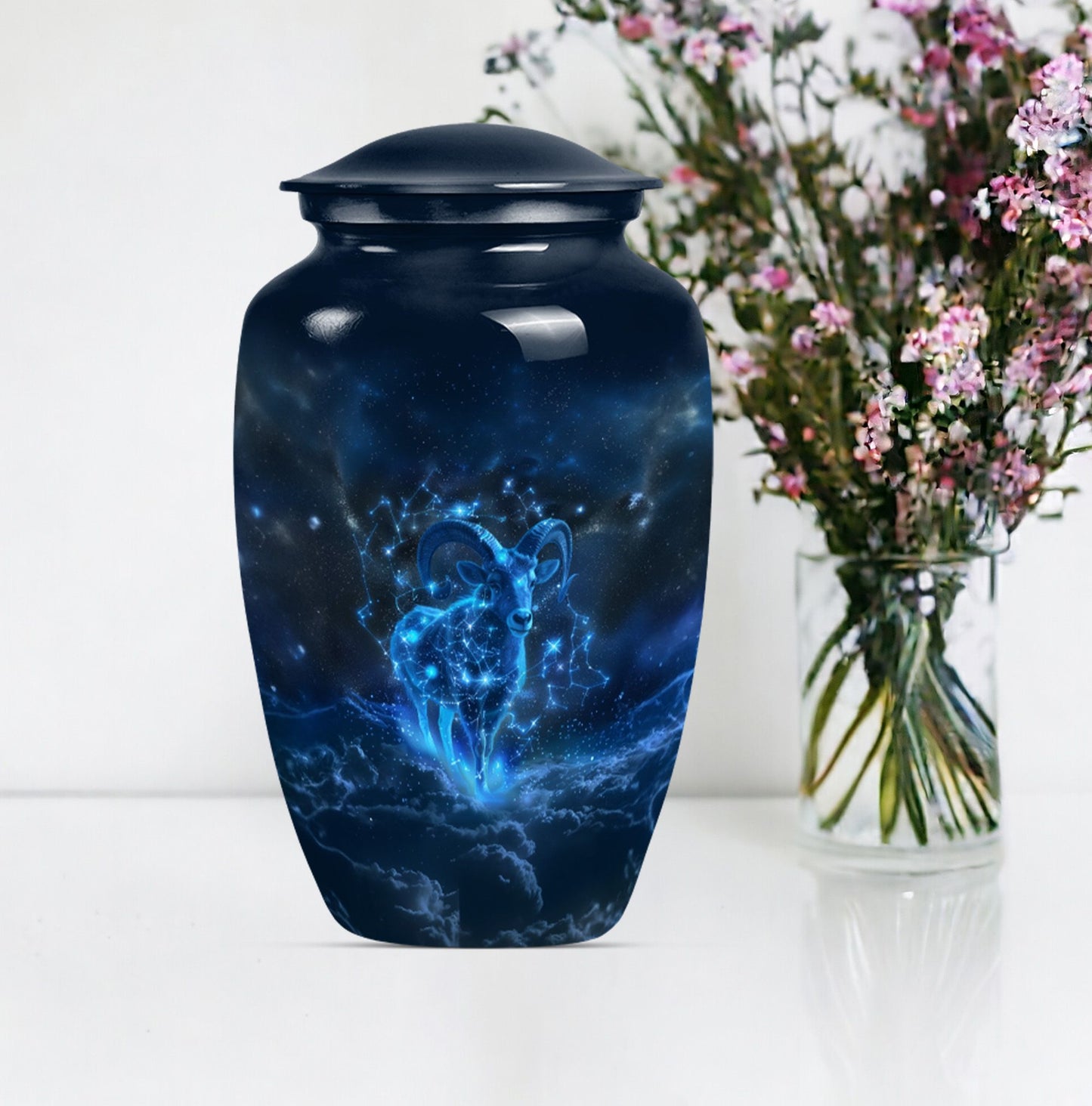 classic goat urn with wolf howling design.