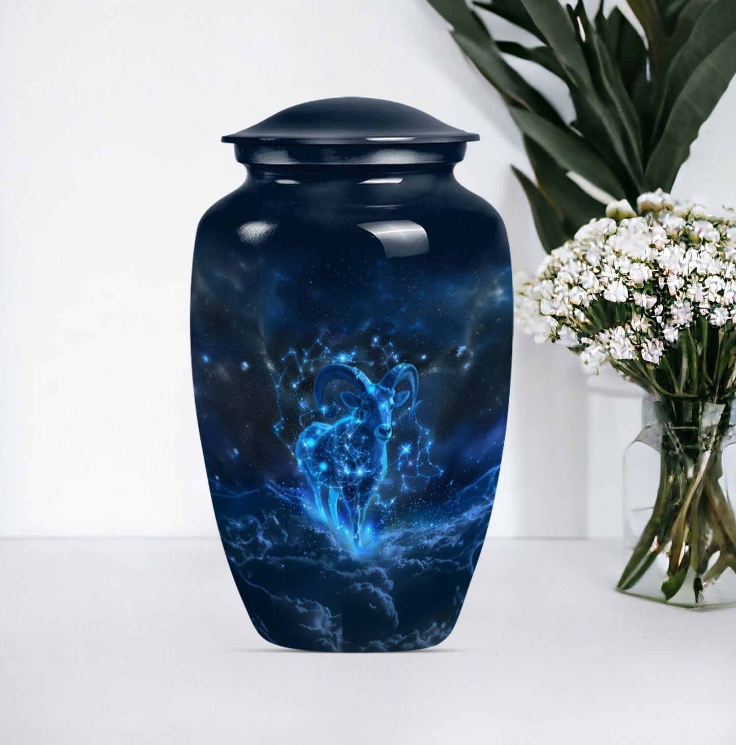 classic goat urn with wolf howling design.