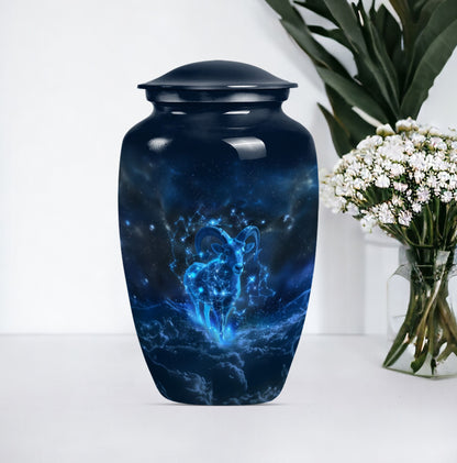 classic goat urn with wolf howling design.