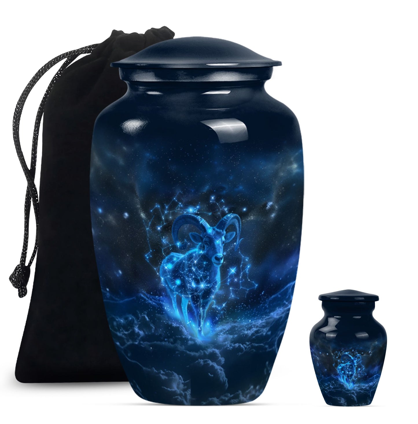 classic goat urn with wolf howling design.
