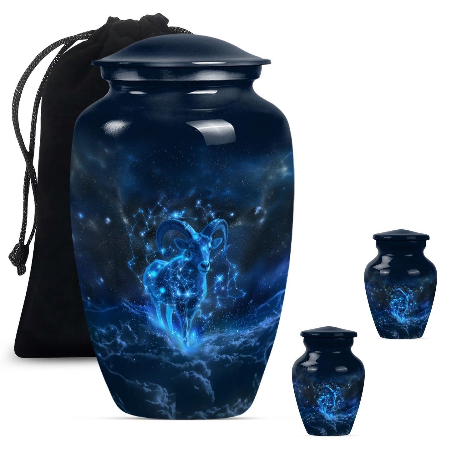 classic goat urn with wolf howling design.