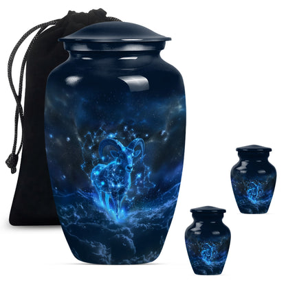 classic goat urn with wolf howling design.