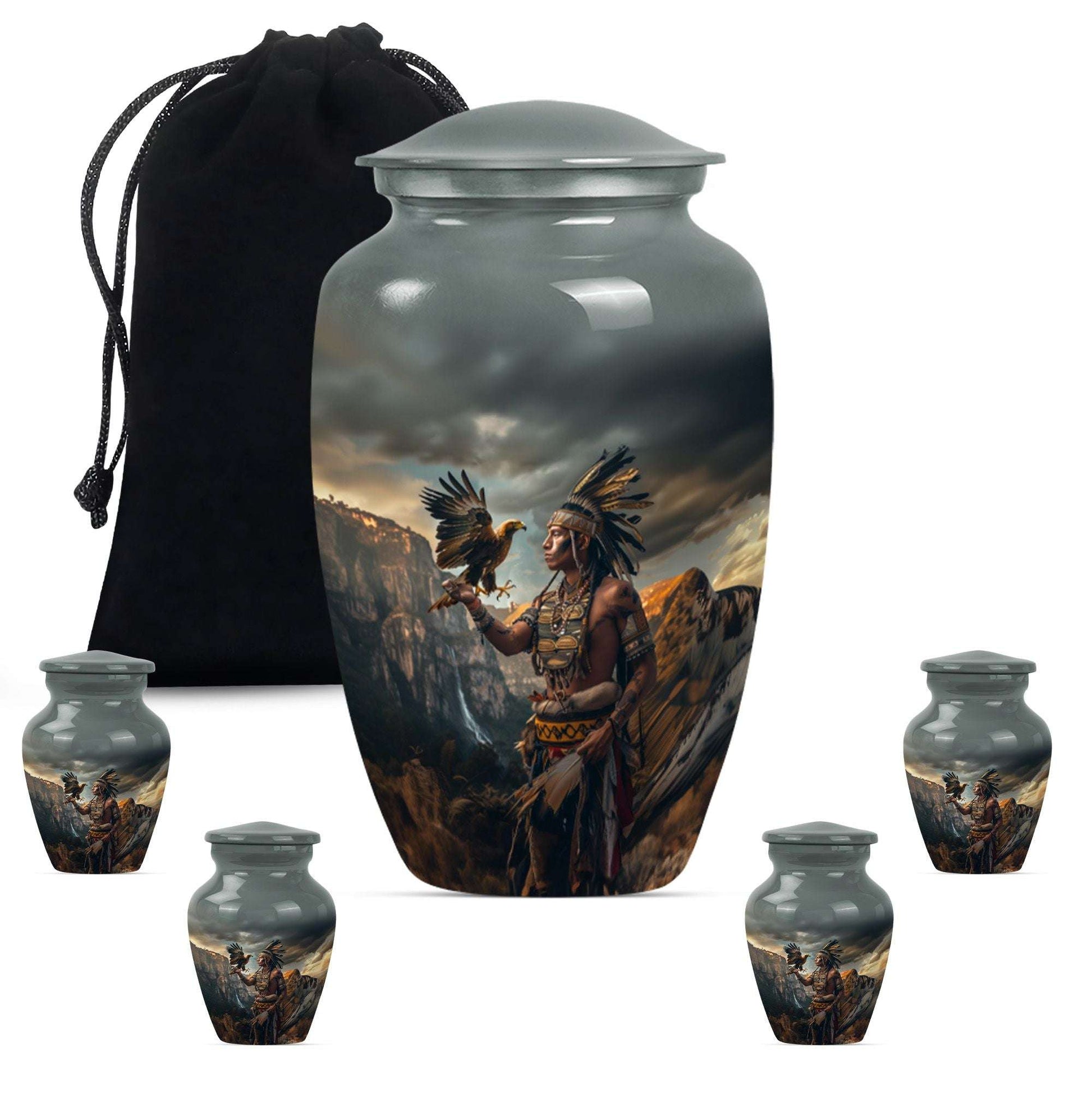 Tribe Man Theme Large Urn With 4 Keepsake Urn