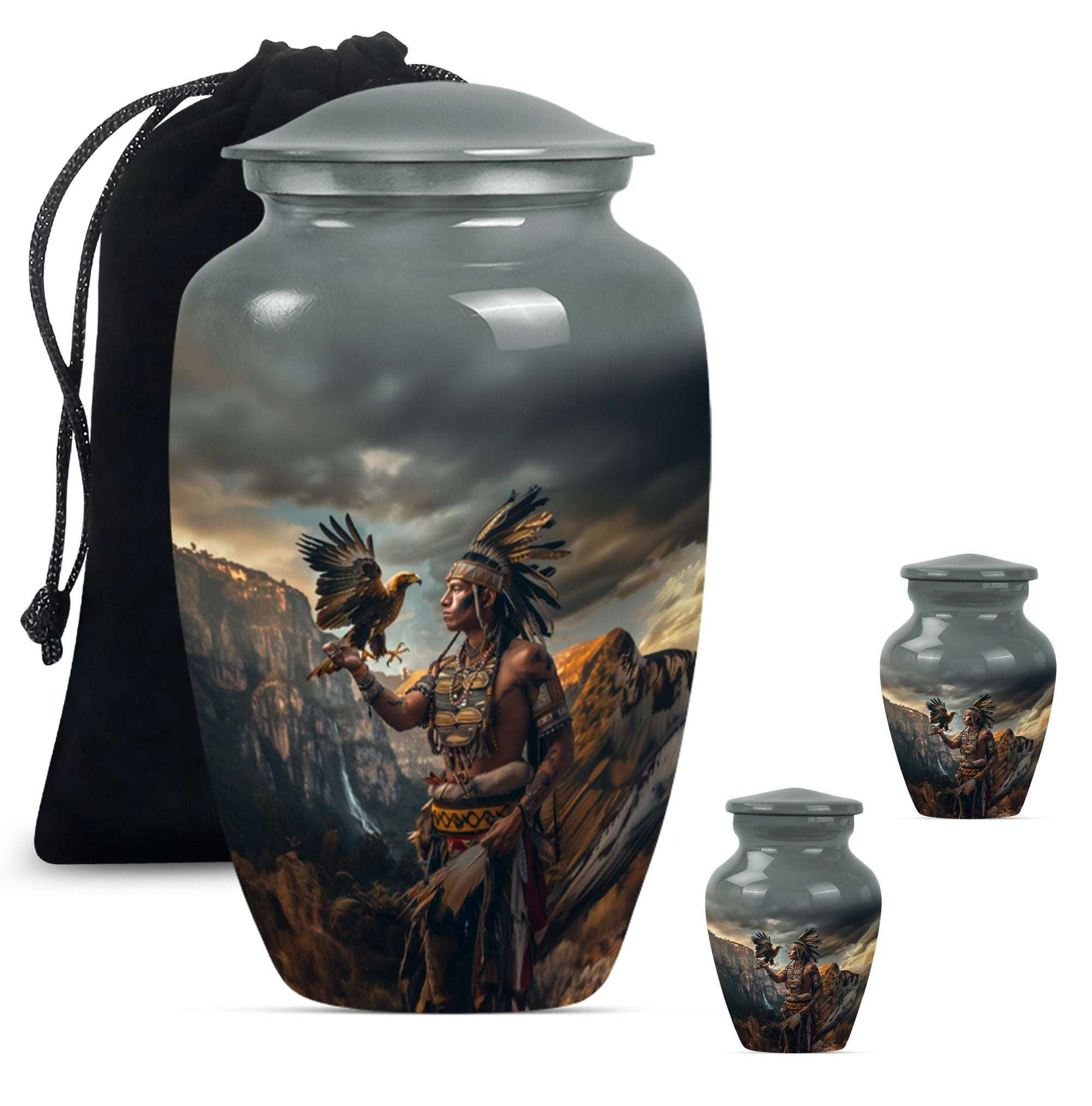 Tribe Man Theme Large Urn With 2 Keepsake Urn