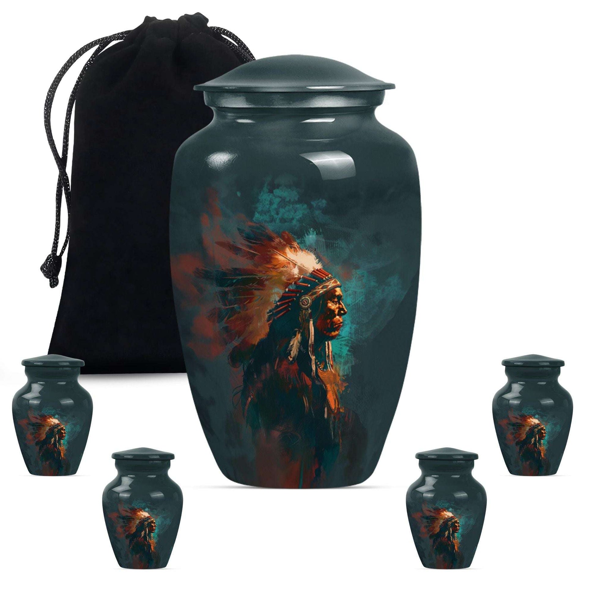 Tribe Man Theme Large Urn With 4 Keepsake Urn